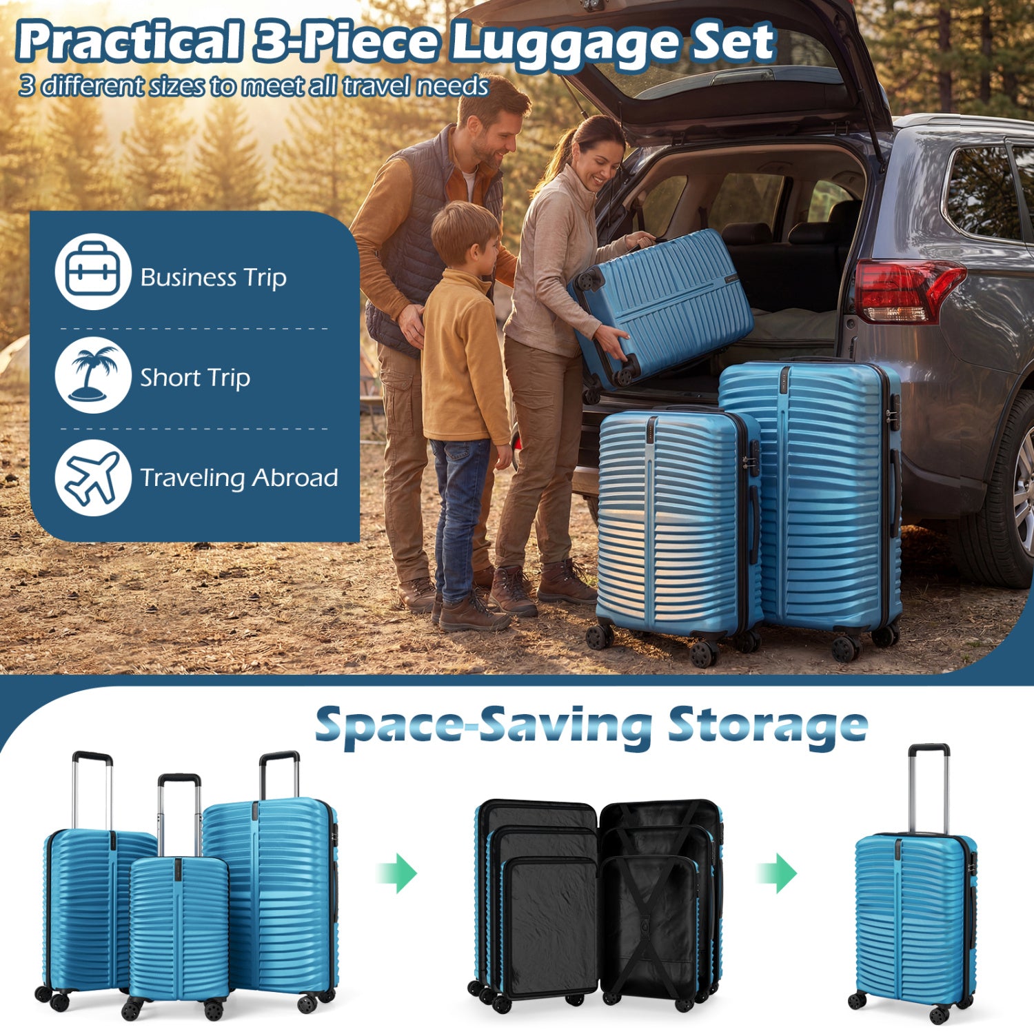 3-Piece 20/24/28 Inch Lightweight Hardside Luggage Set with 8-Spinner Wheels-Blue