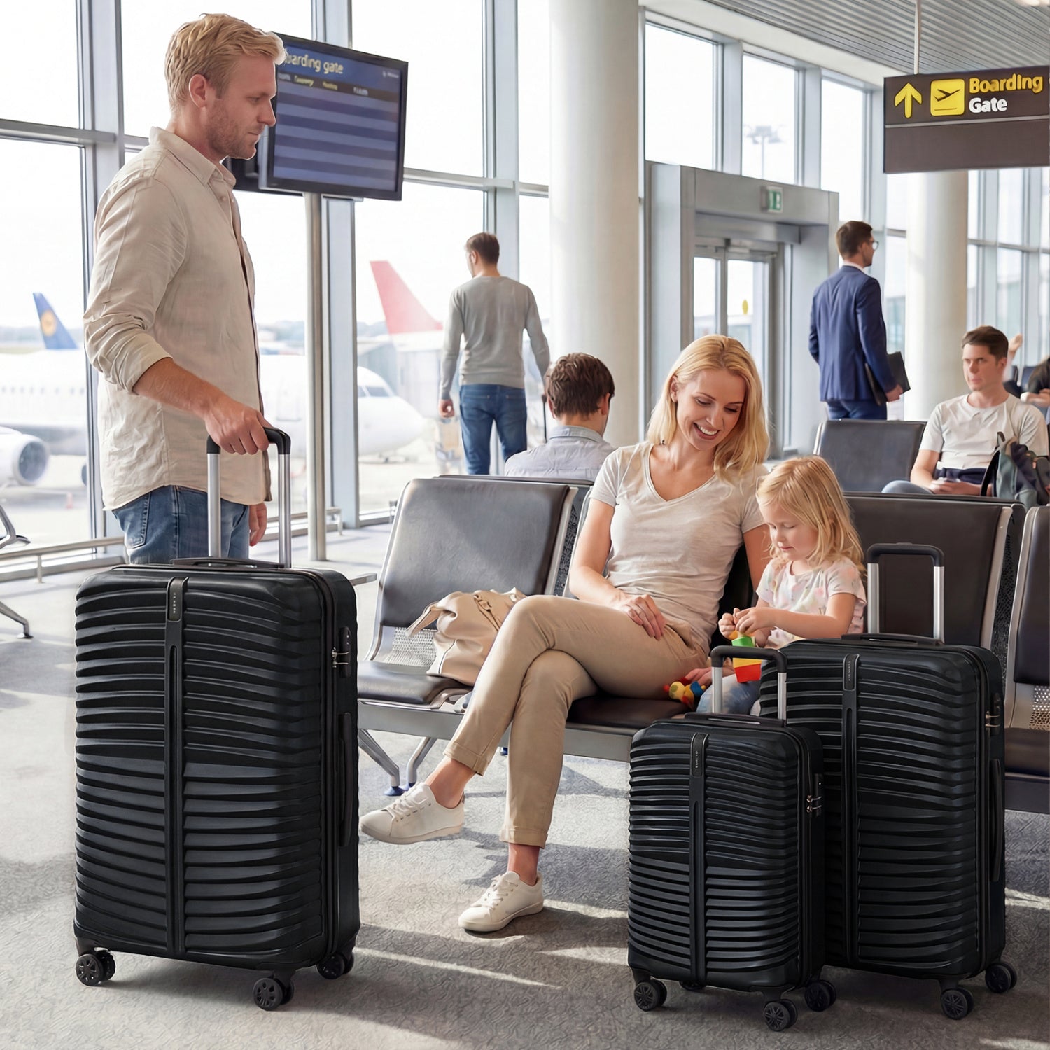 3-Piece 20/24/28 Inch Lightweight Hardside Luggage Set with 8-Spinner Wheels-Black