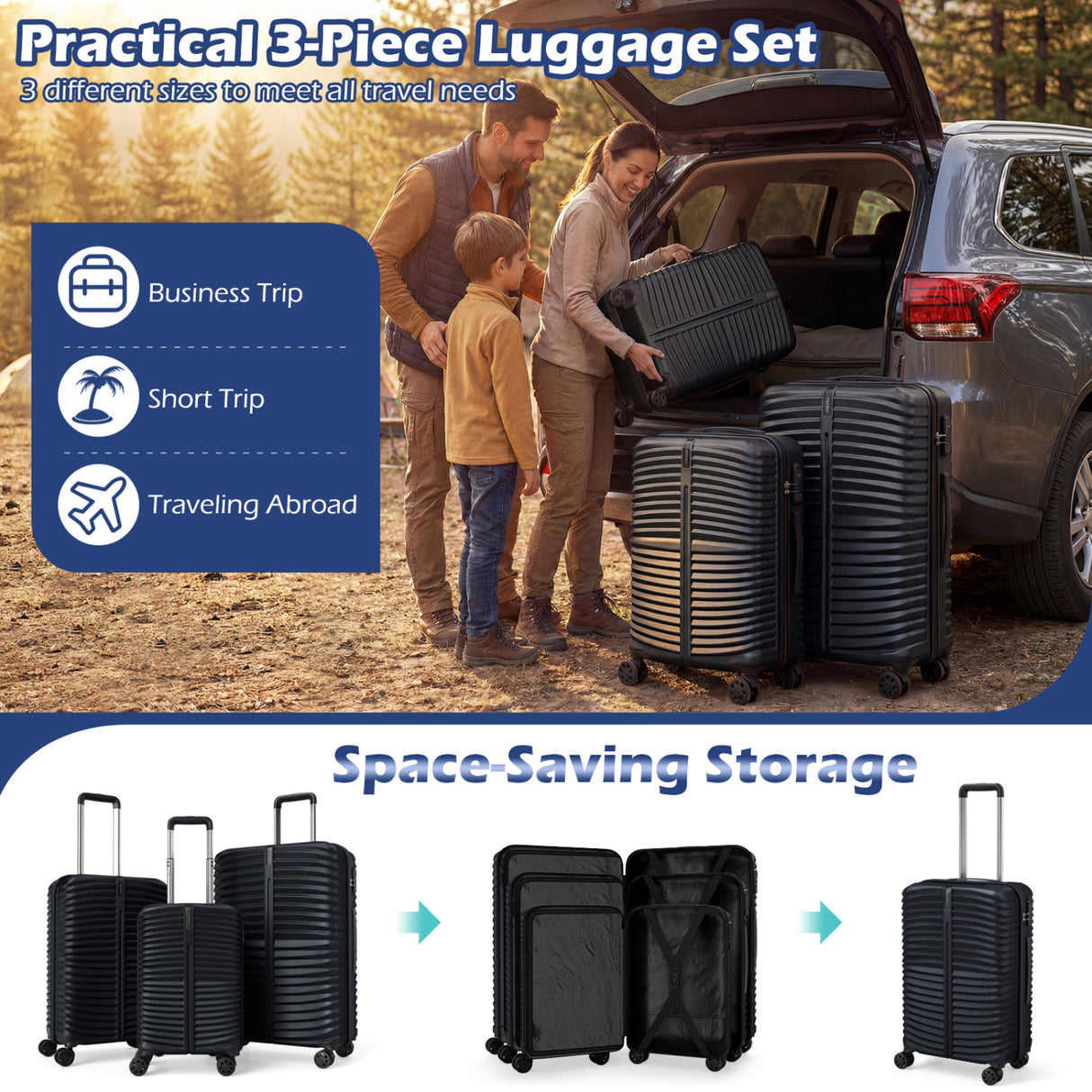3-Piece 20/24/28 Inch Lightweight Hardside Luggage Set with 8-Spinner Wheels-Black