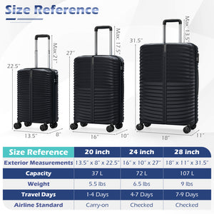 3-Piece 20/24/28 Inch Lightweight Hardside Luggage Set with 8-Spinner Wheels-Black