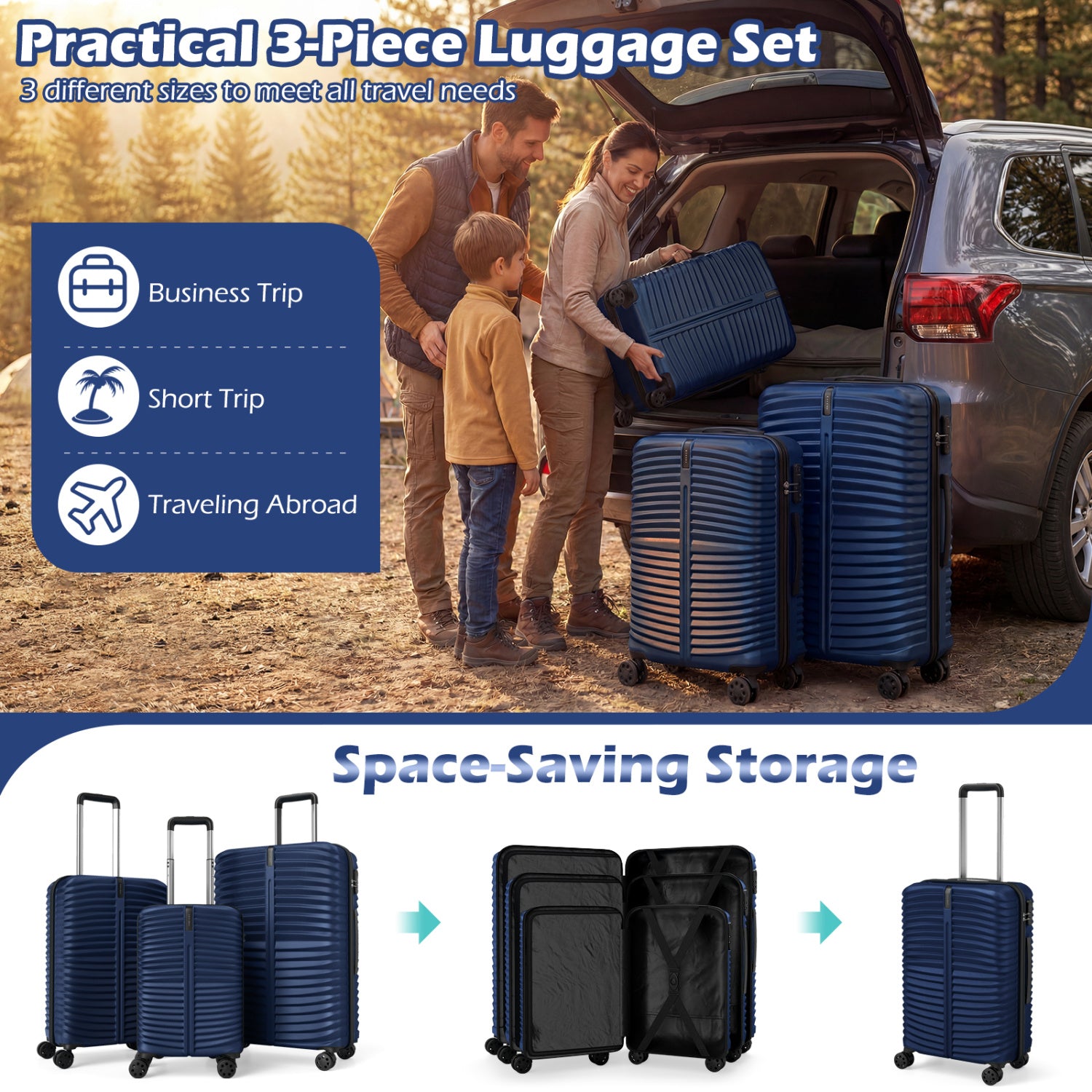 3-Piece 20/24/28 Inch Lightweight Hardside Luggage Set with 8-Spinner Wheels-Navy
