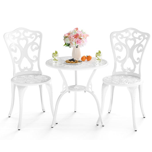 3 Piece All Weather Cast Aluminum Bistro Chairs and Table with Umbrella Holes-White