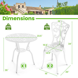 3 Piece All Weather Cast Aluminum Bistro Chairs and Table with Umbrella Holes-White