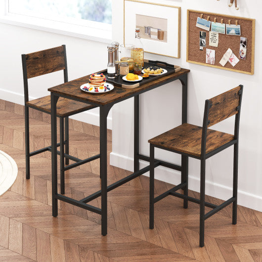 3 Piece Bar Table Set with Backrest and Footrest for Small Space-Rustic Brown