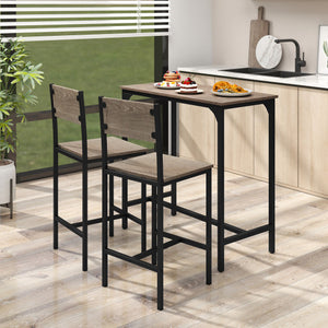 3 Piece Bar Table Set with Backrest and Footrest for Small Space-Gray