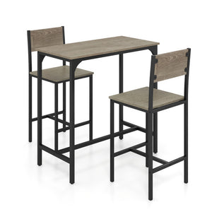 3 Piece Bar Table Set with Backrest and Footrest for Small Space-Gray