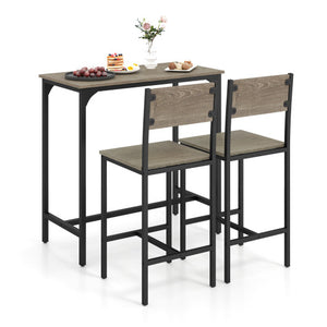 3 Piece Bar Table Set with Backrest and Footrest for Small Space-Gray