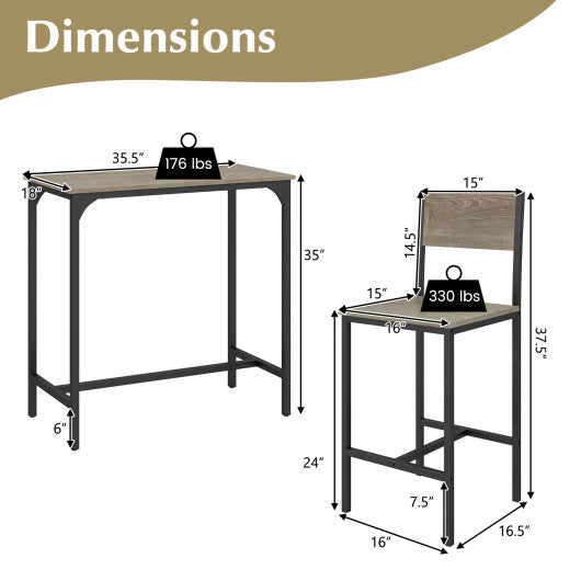 3 Piece Bar Table Set with Backrest and Footrest for Small Space-Gray