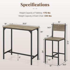 3 Piece Bar Table Set with Backrest and Footrest for Small Space-Gray