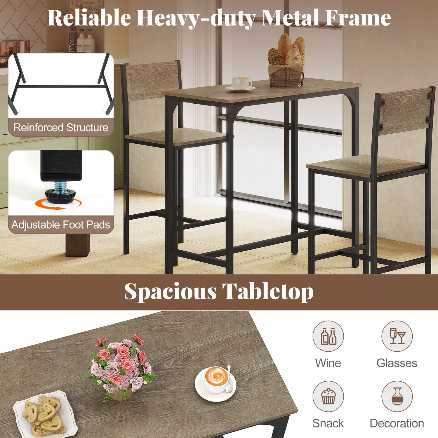 3 Piece Bar Table Set with Backrest and Footrest for Small Space-Gray