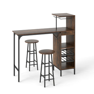 3 Piece Bar Table and Chairs Set with 6-Bottle Wine Rack-Rustic Brown