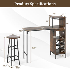 3 Piece Bar Table and Chairs Set with 6-Bottle Wine Rack-Rustic Brown