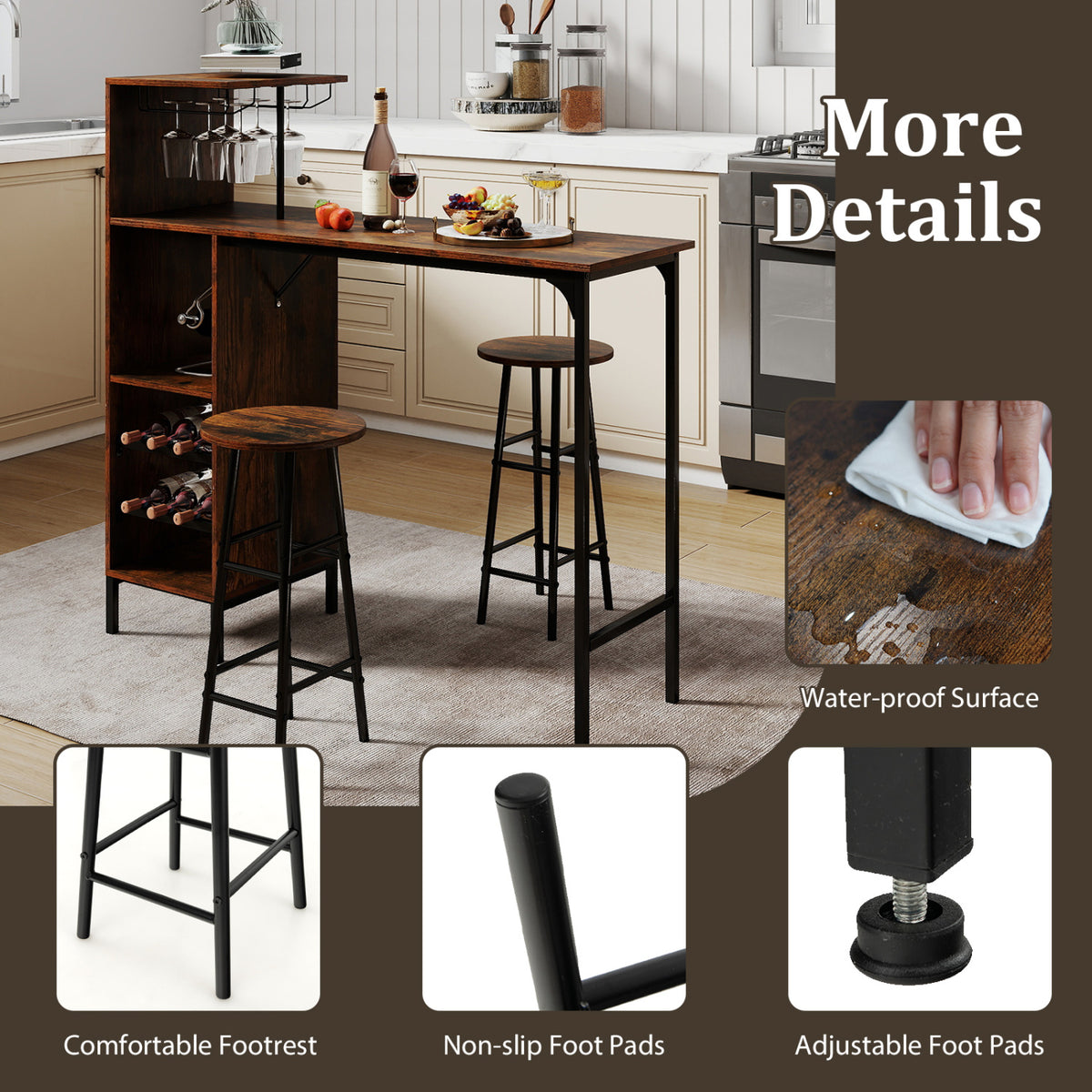 3 Piece Bar Table and Chairs Set with 6-Bottle Wine Rack-Rustic Brown