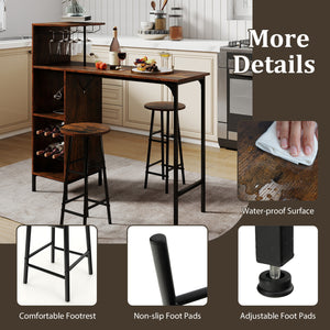 3 Piece Bar Table and Chairs Set with 6-Bottle Wine Rack-Rustic Brown