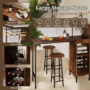 3 Piece Bar Table and Chairs Set with 6-Bottle Wine Rack-Rustic Brown