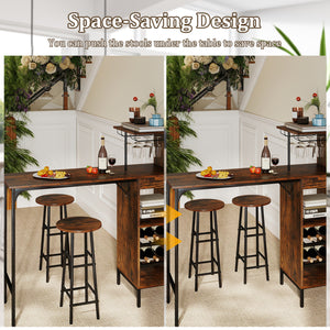 3 Piece Bar Table and Chairs Set with 6-Bottle Wine Rack-Rustic Brown