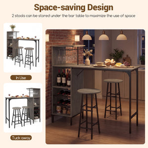 3 Piece Bar Table and Chairs Set with 6-Bottle Wine Rack-Oak