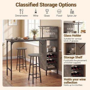 3 Piece Bar Table and Chairs Set with 6-Bottle Wine Rack-Oak