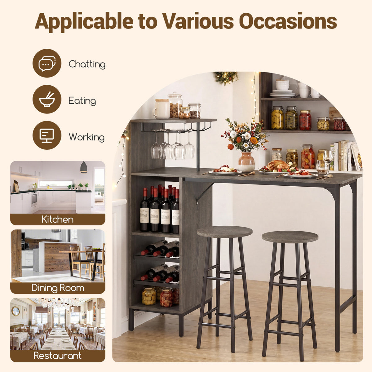 3 Piece Bar Table and Chairs Set with 6-Bottle Wine Rack-Oak