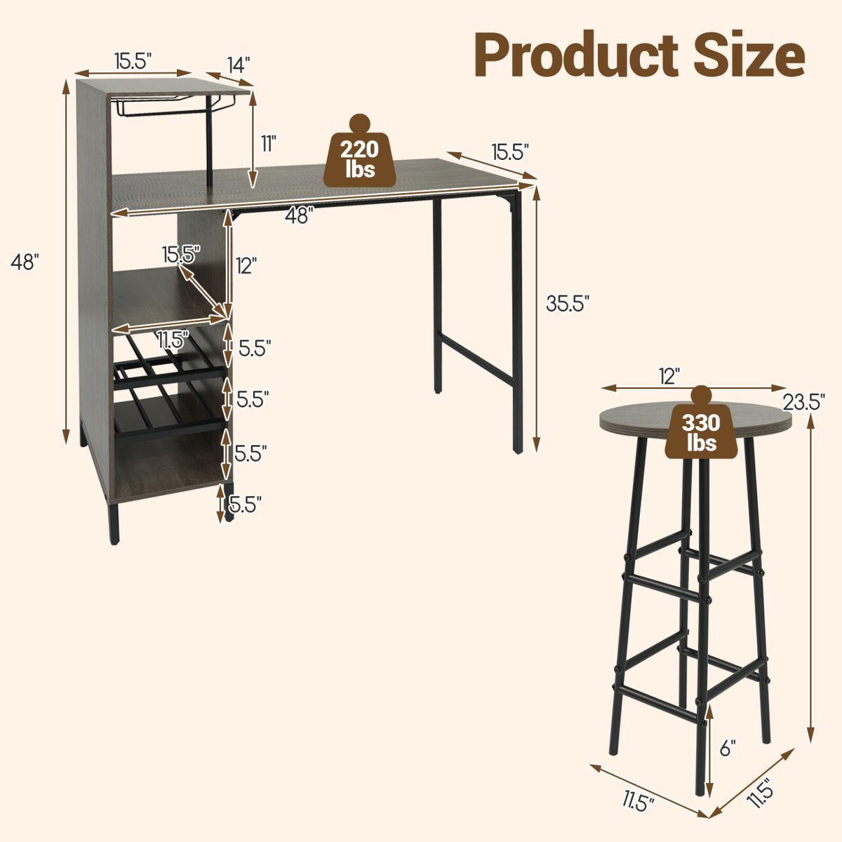 3 Piece Bar Table and Chairs Set with 6-Bottle Wine Rack-Oak