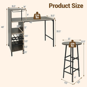 3 Piece Bar Table and Chairs Set with 6-Bottle Wine Rack-Oak