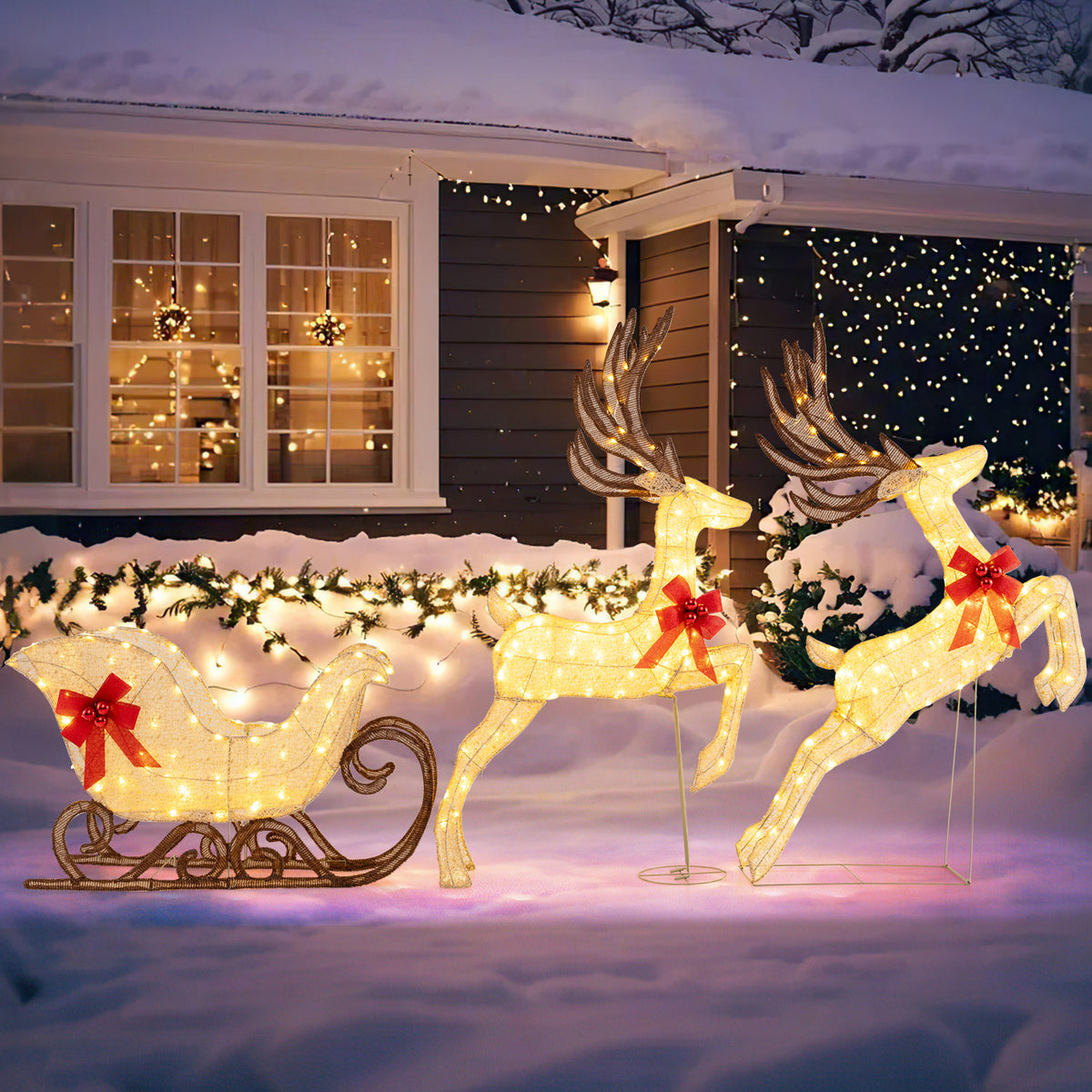 3-Piece Christmas Lighted Reindeer and Sleigh Set for Lawn & Garden
