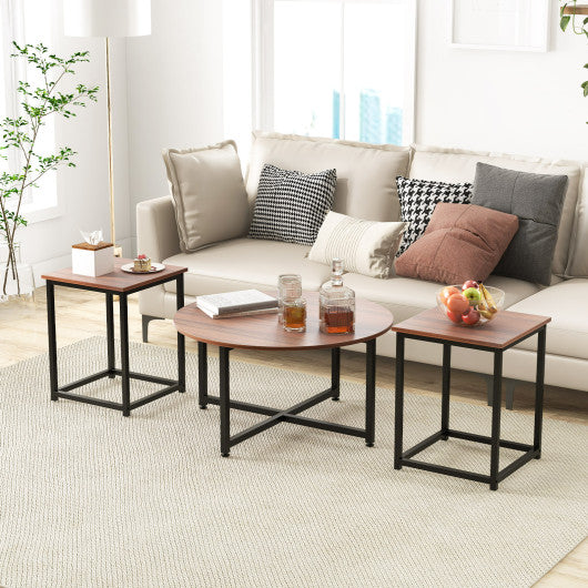 3-Piece Coffee Table Set Round Coffee Table and 2PCS Square End Tables-Walnut and Black