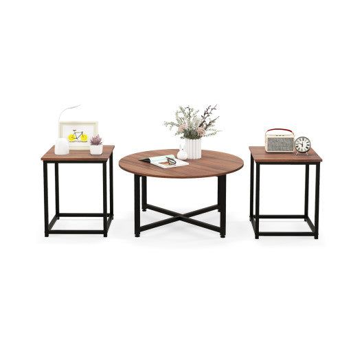 3-Piece Coffee Table Set Round Coffee Table and 2PCS Square End Tables-Walnut and Black