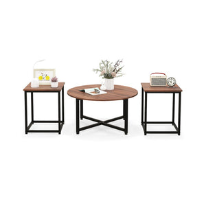 3-Piece Coffee Table Set Round Coffee Table and 2PCS Square End Tables-Walnut and Black