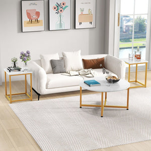 3-Piece Coffee Table Set Round Coffee Table and 2PCS Square End Tables-White and Gold