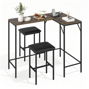 3-Piece Convertible L-Shaped Kitchen Table Chair Set with 2 AC Outlets  USB Port and Type-C Port-Rustic Brown