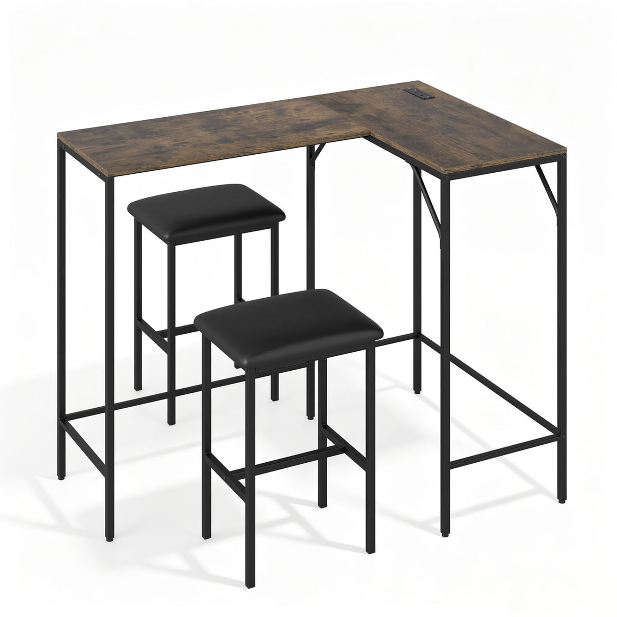 3-Piece Convertible L-Shaped Kitchen Table Chair Set with 2 AC Outlets  USB Port and Type-C Port-Rustic Brown