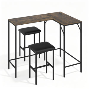 3-Piece Convertible L-Shaped Kitchen Table Chair Set with 2 AC Outlets  USB Port and Type-C Port-Rustic Brown