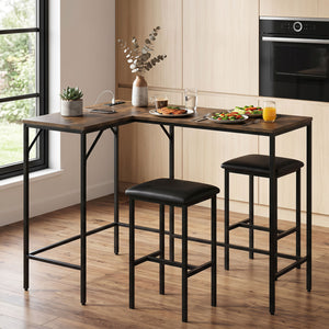 3-Piece Convertible L-Shaped Kitchen Table Chair Set with 2 AC Outlets  USB Port and Type-C Port-Rustic Brown