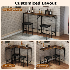 3-Piece Convertible L-Shaped Kitchen Table Chair Set with 2 AC Outlets  USB Port and Type-C Port-Rustic Brown