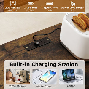 3-Piece Convertible L-Shaped Kitchen Table Chair Set with 2 AC Outlets  USB Port and Type-C Port-Rustic Brown