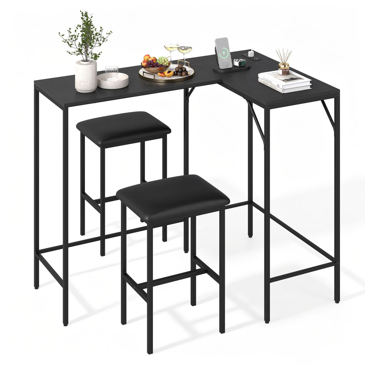 3-Piece Convertible L-Shaped Kitchen Table Chair Set with 2 AC Outlets  USB Port and Type-C Port-Black