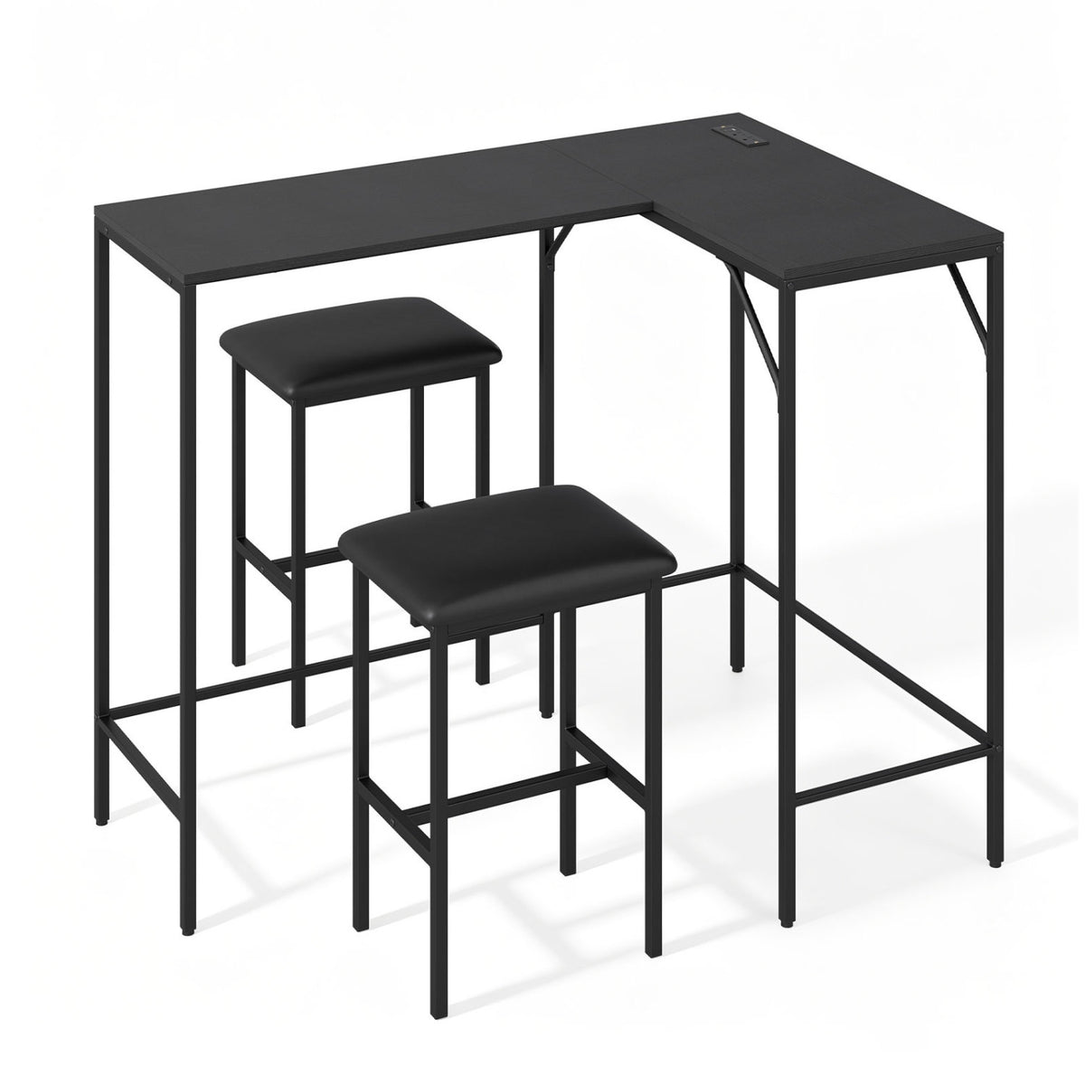 3-Piece Convertible L-Shaped Kitchen Table Chair Set with 2 AC Outlets  USB Port and Type-C Port-Black