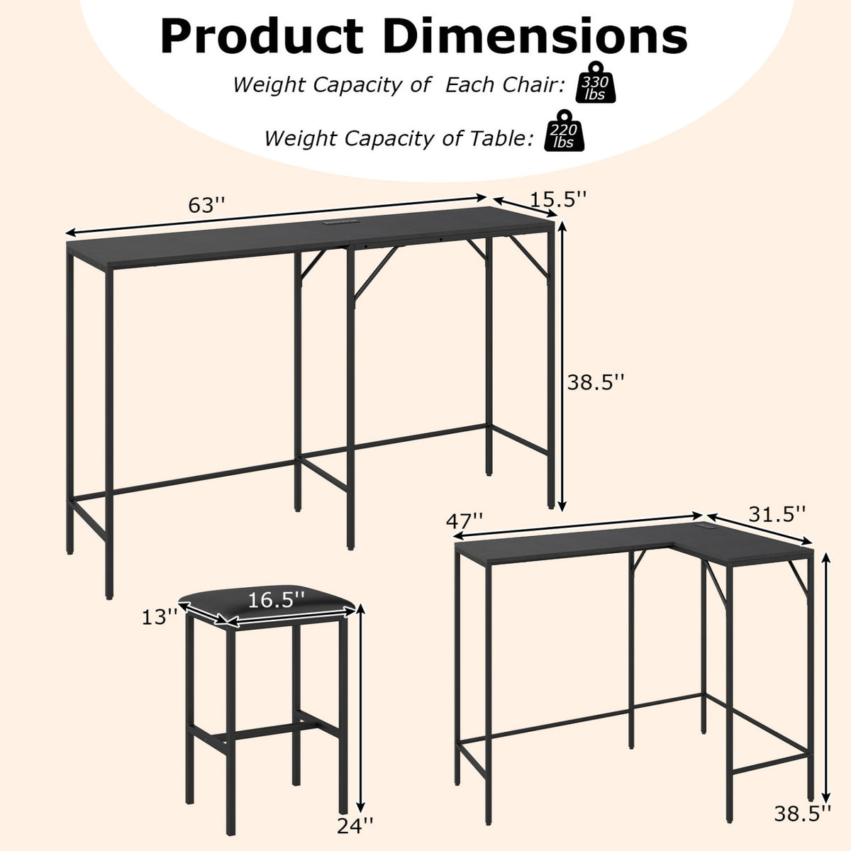 3-Piece Convertible L-Shaped Kitchen Table Chair Set with 2 AC Outlets  USB Port and Type-C Port-Black