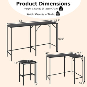 3-Piece Convertible L-Shaped Kitchen Table Chair Set with 2 AC Outlets  USB Port and Type-C Port-Black