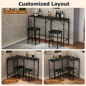 3-Piece Convertible L-Shaped Kitchen Table Chair Set with 2 AC Outlets  USB Port and Type-C Port-Black