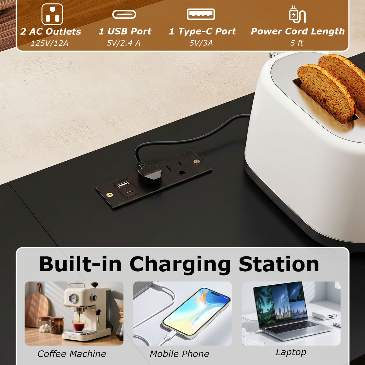 3-Piece Convertible L-Shaped Kitchen Table Chair Set with 2 AC Outlets  USB Port and Type-C Port-Black