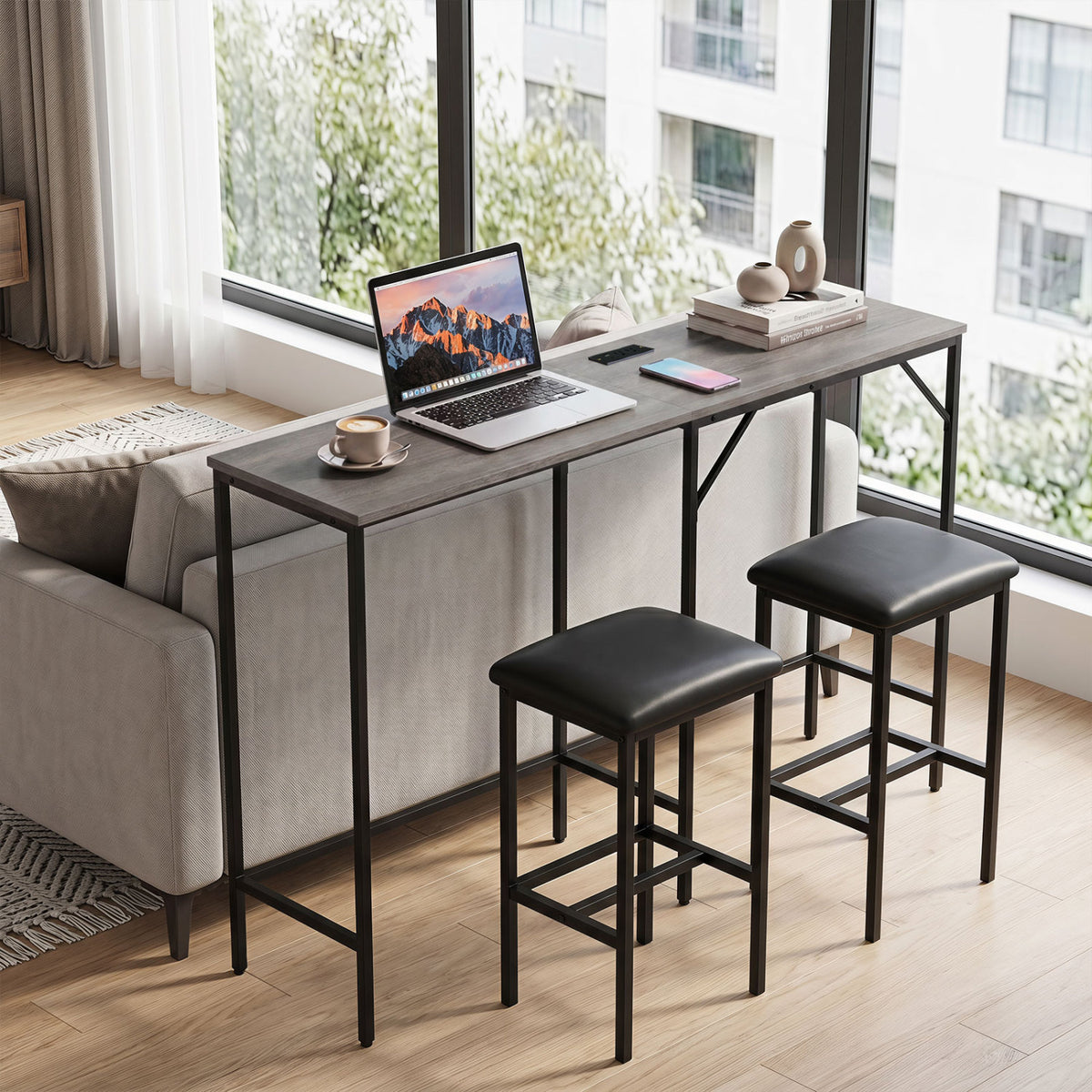 3-Piece Convertible L-Shaped Kitchen Table Chair Set with 2 AC Outlets  USB Port and Type-C Port-Gray