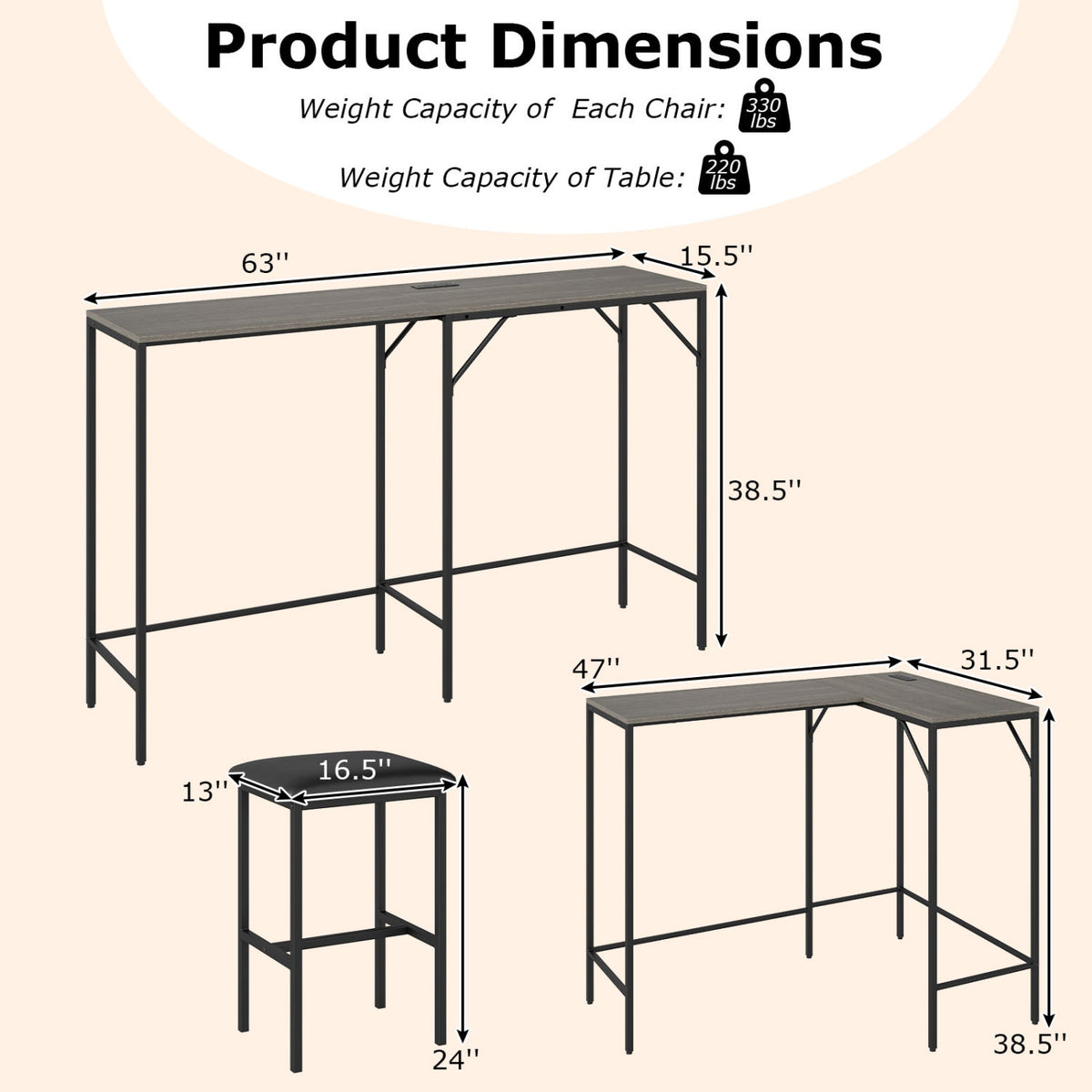 3-Piece Convertible L-Shaped Kitchen Table Chair Set with 2 AC Outlets  USB Port and Type-C Port-Gray