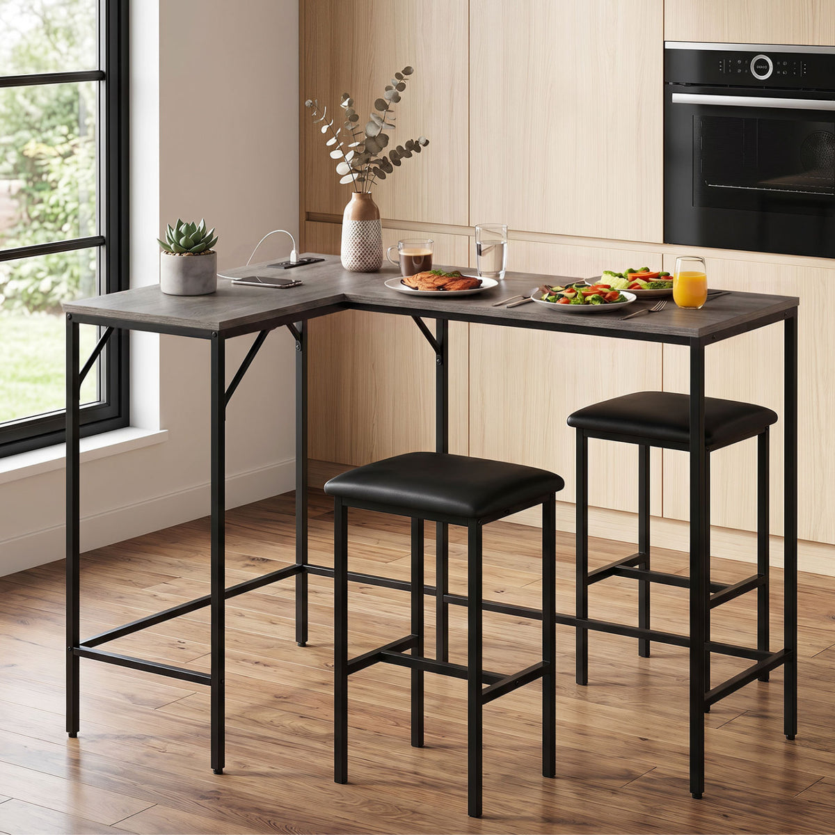 3-Piece Convertible L-Shaped Kitchen Table Chair Set with 2 AC Outlets  USB Port and Type-C Port-Gray