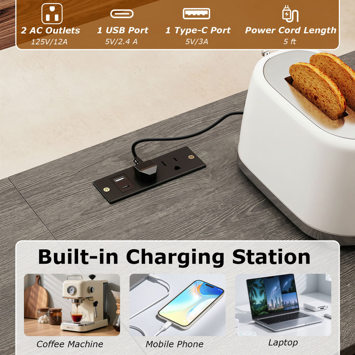 3-Piece Convertible L-Shaped Kitchen Table Chair Set with 2 AC Outlets  USB Port and Type-C Port-Gray