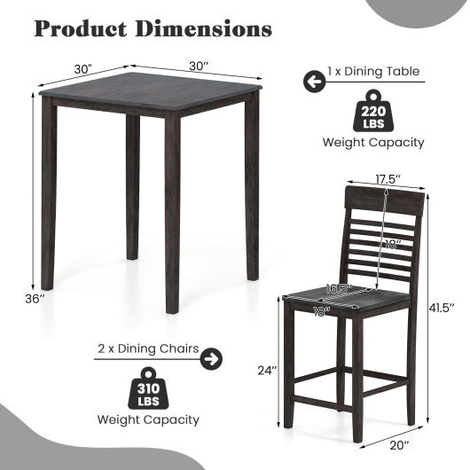 3-Piece Counter-Height Dining Table Set for 2 with Rubber Wood Frame and Footrest-Gray