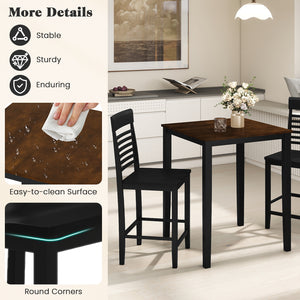 3-Piece Counter-Height Dining Table Set for 2 with Rubber Wood Frame and Footrest-Black