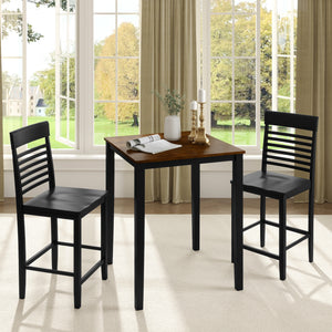 3-Piece Counter-Height Dining Table Set for 2 with Rubber Wood Frame and Footrest-Black