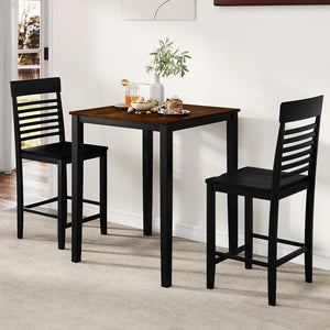 3-Piece Counter-Height Dining Table Set for 2 with Rubber Wood Frame and Footrest-Black